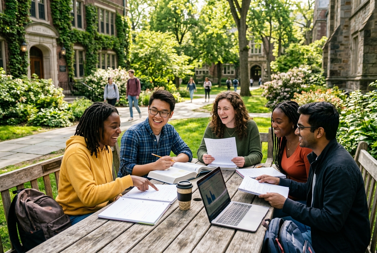 University campus courtyard with students studying together outside on a sunny day