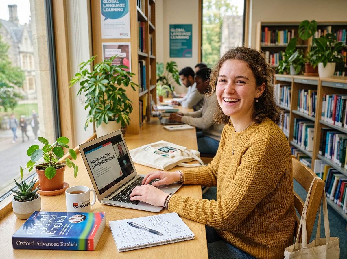 Student smiling while practicing English on a laptop in a bright campus study room